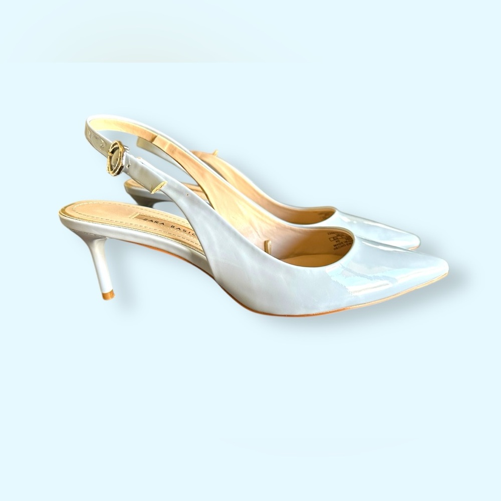 ZARA Basic Sky Blue Patent Slingback Heels Women’s 40 Pointed Toe Kitten Pumps - Picture 3 of 8